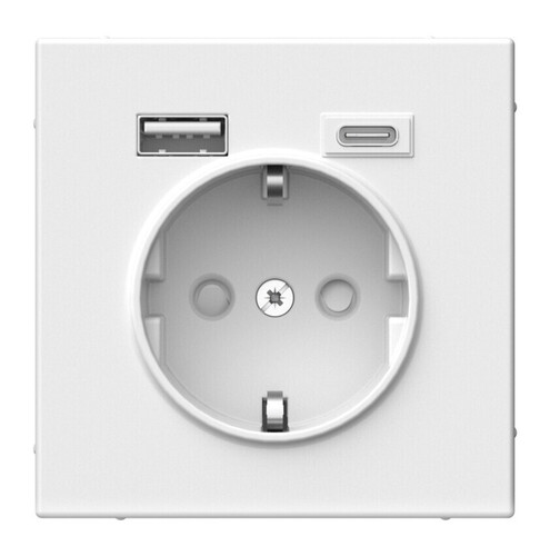 Розетка с USB+USB type C Systeme Electric ARTGALLERY, скрытый монтаж, с заземлением, со шторками, белый, GAL000132